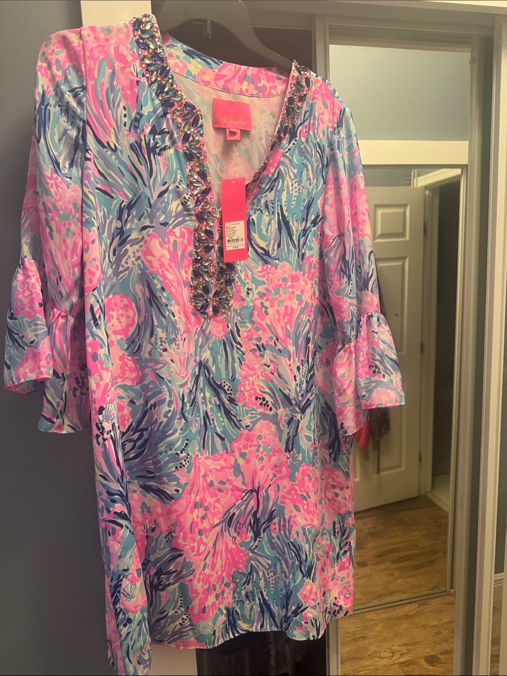 Lilly Pulitzer Pink & Aqua Floral Jeweled V-Neck Ruffle Dress